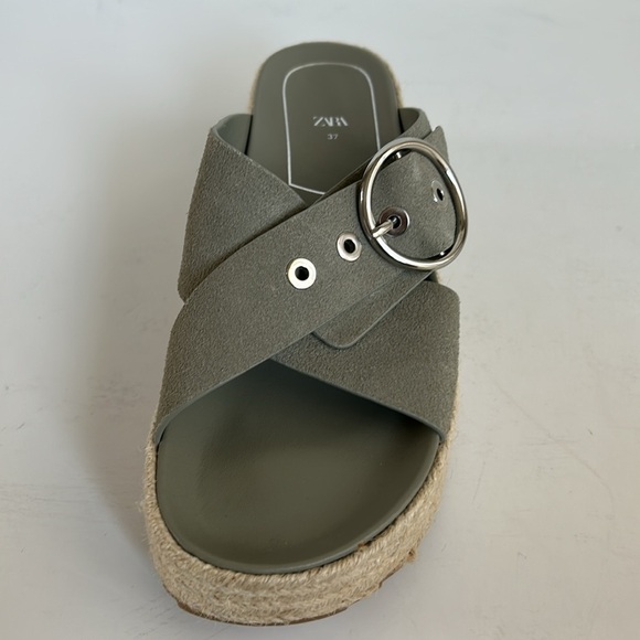 Zara espadrille platform sandal slide silver buckle sage gray green suede - Picture 8 of 16